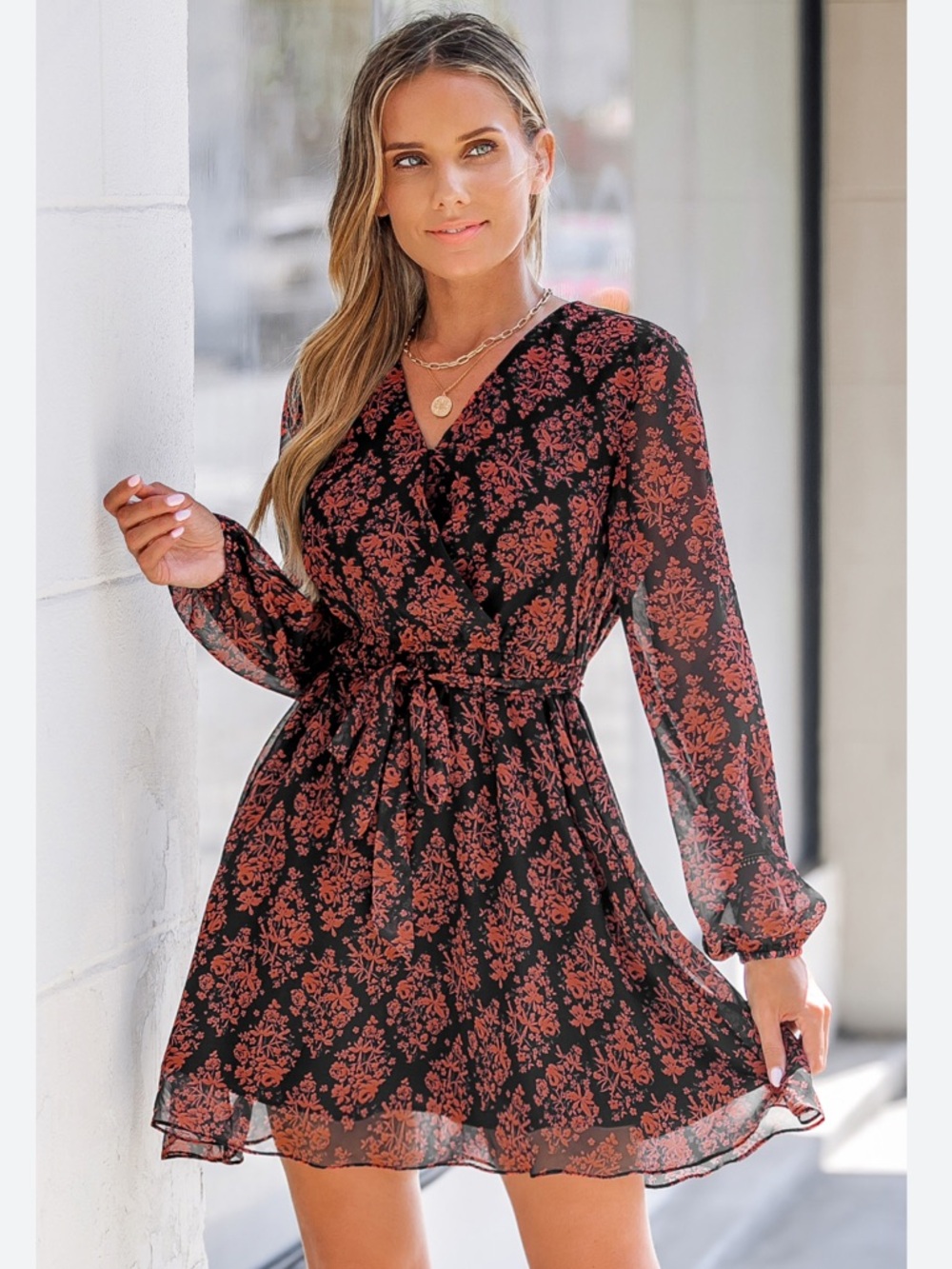Cupshe Black & Rust Floral Long-Sleeve dress size xl